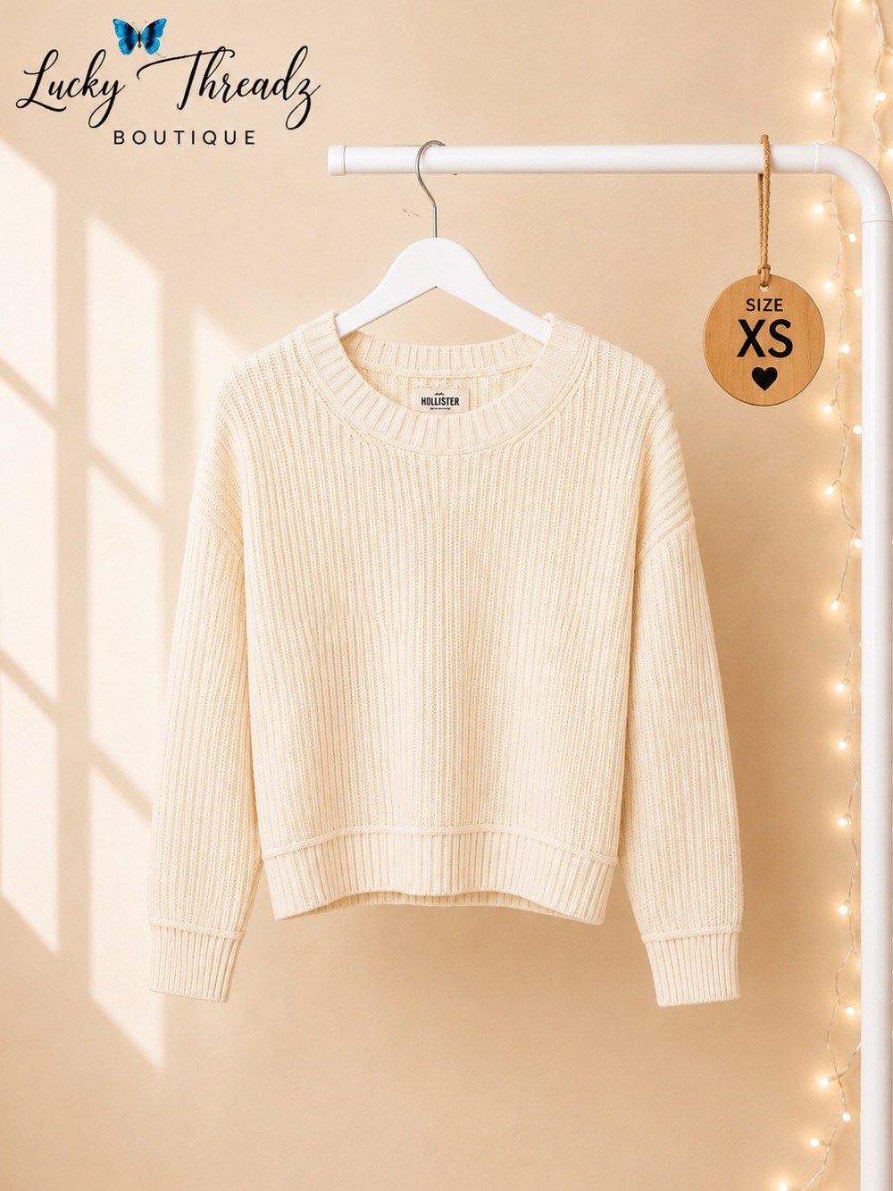 Hollister Cream Ribbed Knit Boxy Crewneck Sweater Rom Com Core XS NWT